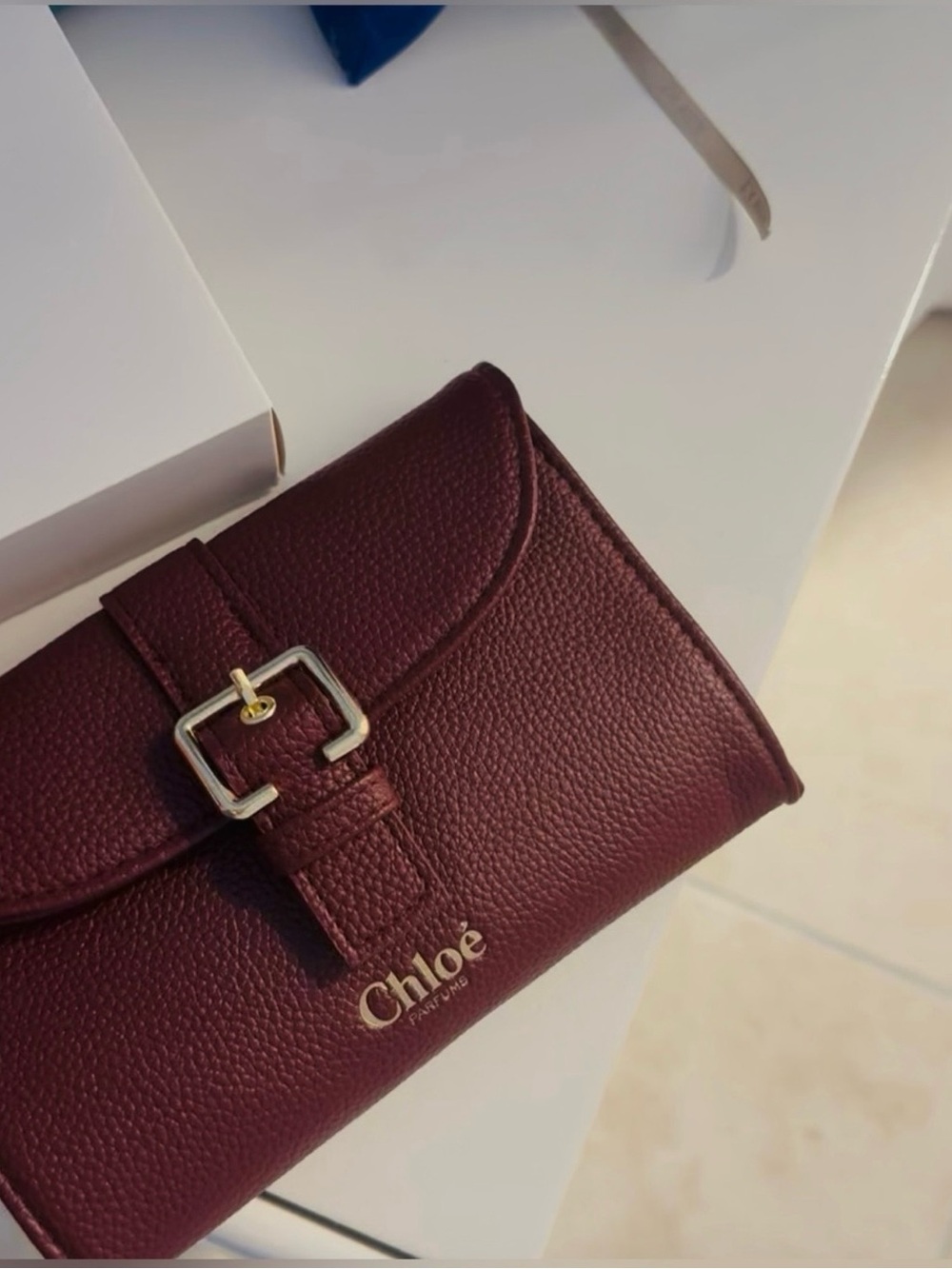 Chloé Burgundy Pebbled Faux Leather Key & Card Holder with Gold Buckle - Picture 3 of 6